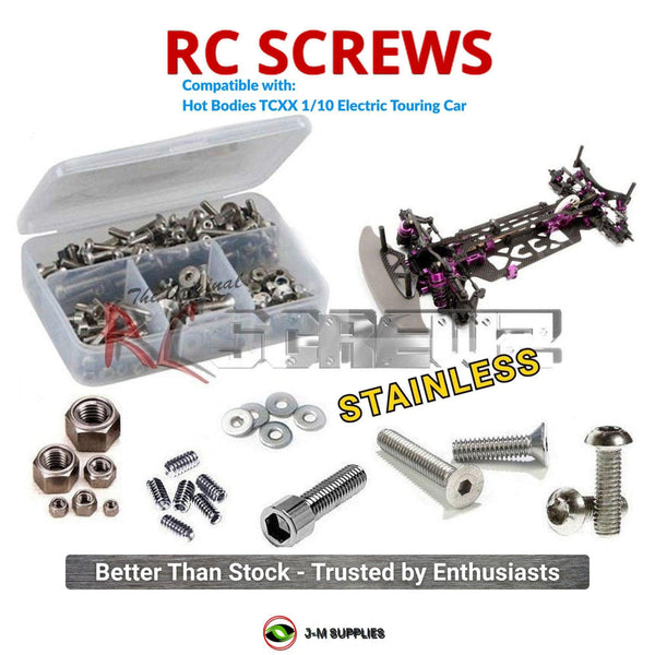 Representative image of an RCScrewZ stainless steel screw kit for Hot Bodies TCXX 1/10 Electric Touring Car (HBS68299); exact kit contents vary by RC model.