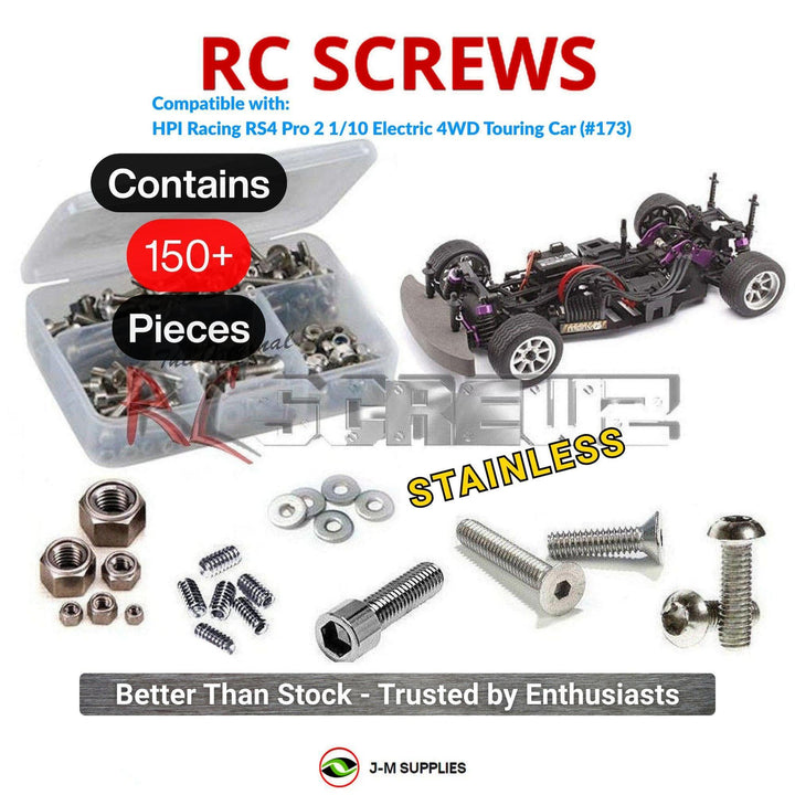 Representative image of an RCScrewZ stainless steel screw kit for HPI Racing RS4 Pro 2 1/10 Electric 4WD Touring Car (173); exact kit contents vary by RC model.