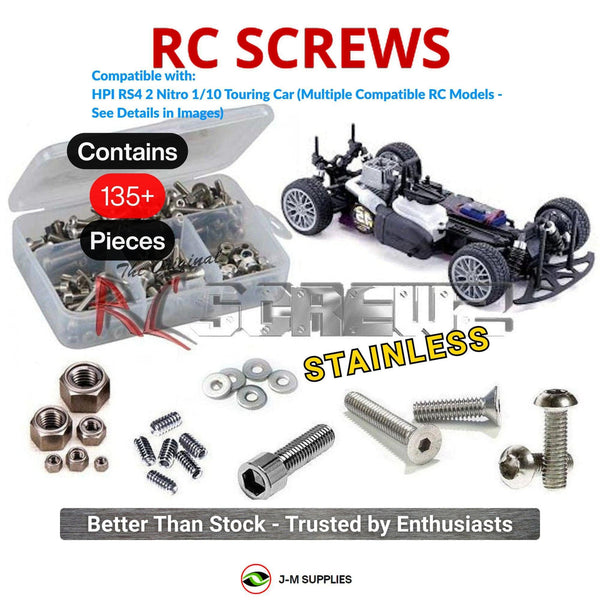 Representative image of an RCScrewZ stainless steel screw kit for HPI Racing RS4 2 Nitro 1/10 4WD Touring (411, 412, 413); exact kit contents vary by RC model.