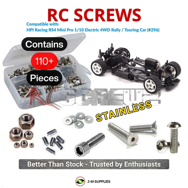 Representative image of an RCScrewZ stainless steel screw kit for HPI Racing RS4 Mini Pro Mazda MX-5 Miata 1/10 4WD (296); exact kit contents vary by RC model.