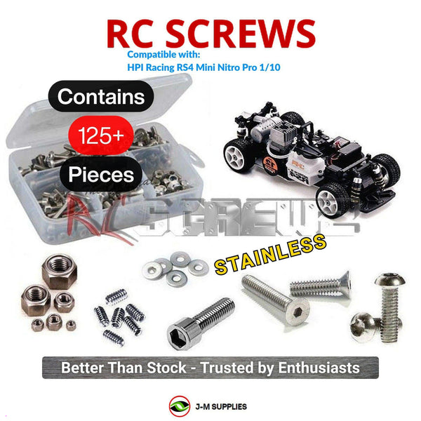 Representative image of an RCScrewZ stainless steel screw kit for HPI Racing RS4 Mini Nitro Pro 1/10 Rally/Touring Car; exact kit contents vary by RC model.