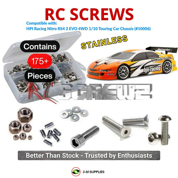 Representative image of an RCScrewZ stainless steel screw kit for HPI Racing Nitro RS4 3 Evo RTR 1/10 4WD Touring Car (10006); exact kit contents vary by RC model.