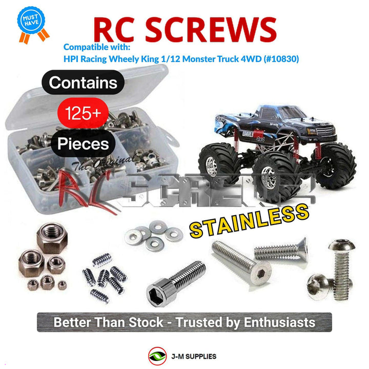 Representative image of an RCScrewZ stainless steel screw kit for HPI Wheely King 1/12 Electric 4WD Monster Truck (10830, 87602); exact kit contents vary by RC model.