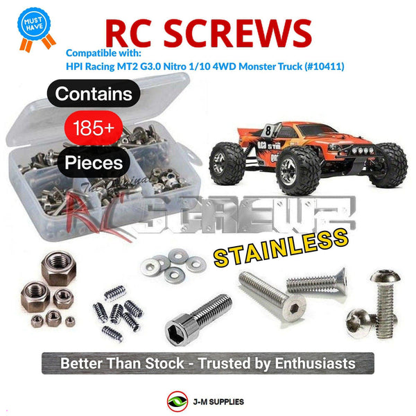 Representative image of an RCScrewZ stainless steel screw kit for HPI Nitro MT2 G3.0 1/10 Nitro 4WD Truck (10411, HPI10411); exact kit contents vary by RC model.