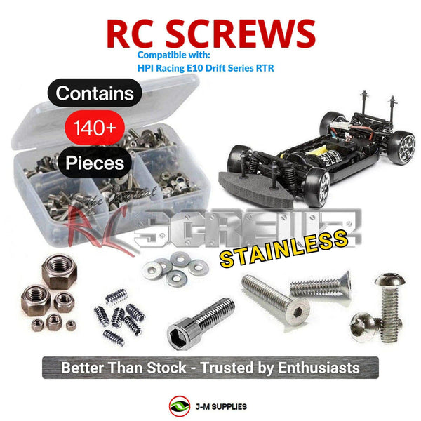 Representative image of an RCScrewZ stainless steel screw kit for HPI E10 Drift Series 1/10 Electric 4WD On-Road Drift Car; exact kit contents vary by RC model.