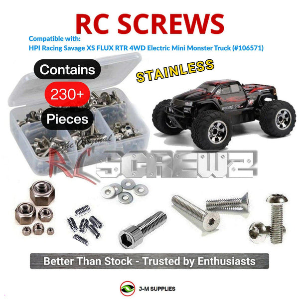 Representative image of an RCScrewZ stainless steel screw kit for HPI Savage XS Flux RTR 4WD Mini Monster Truck (106571, HPI106571); exact kit contents vary by RC model.
