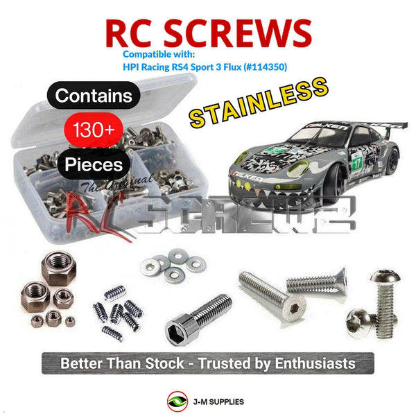 Representative image of an RCScrewZ stainless steel screw kit for HPI RS4 Sport 3 Flux Porsche 911 GT3 RSR 1/10 Elec 4WD (114350); exact kit contents vary by RC model.