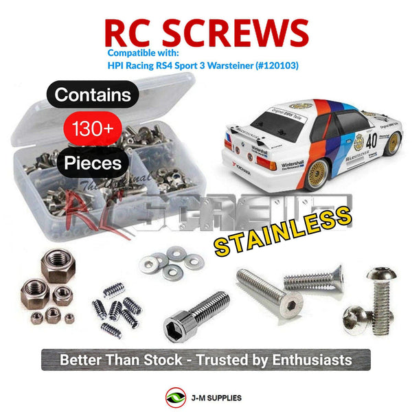 Representative image of an RCScrewZ stainless steel screw kit for HPI RS4 Sport 3 Warsteiner BMW M3 E30 1/10 Electric 4WD (120103); exact kit contents vary by RC model.