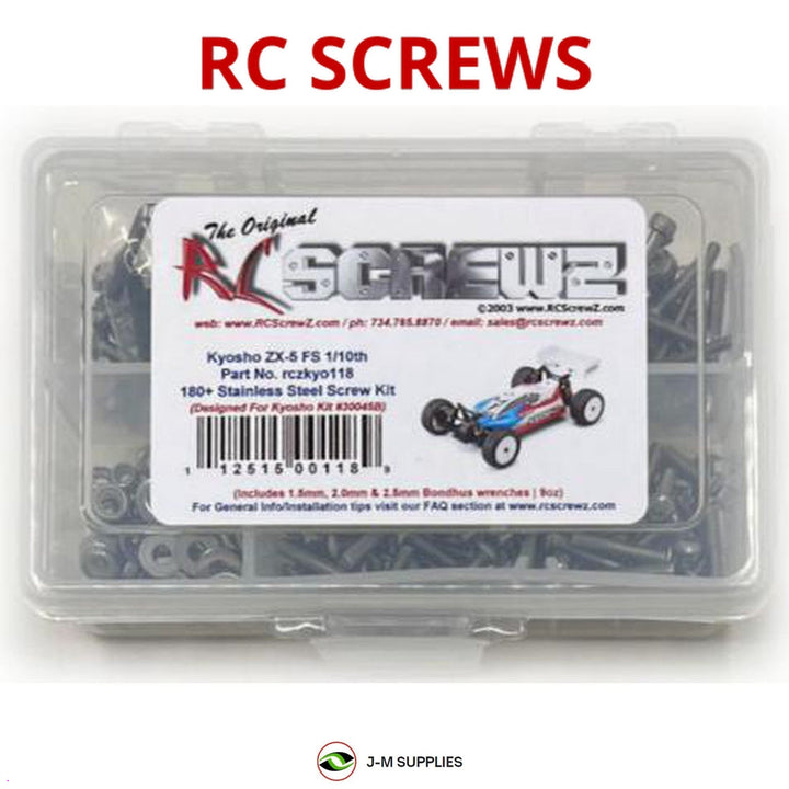 Representative image of an RCScrewZ stainless steel screw kit for Kyosho Lazer ZX-5 FS/FS2 1/10 Electric 4WD Buggy (30078); exact kit contents vary by RC model.
