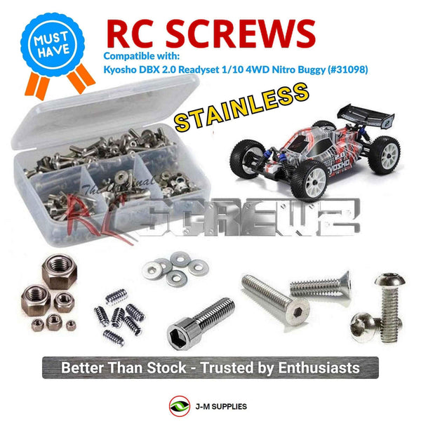Representative image of an RCScrewZ stainless steel screw kit for Kyosho DBX 2.0 1/10 Nitro 4WD Buggy (31098); exact kit contents vary by RC model.