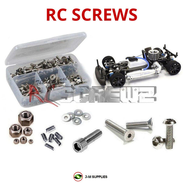 Representative image of an RCScrewZ stainless steel screw kit for Kyosho V-One R4 1/10 Nitro 4WD Touring Car (31265); exact kit contents vary by RC model.
