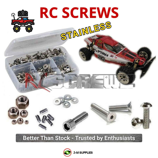 Representative image of an RCScrewZ stainless steel screw kit for Kyosho Turbo Optima 1/10 Electric 4WD Buggy (3130); exact kit contents vary by RC model.