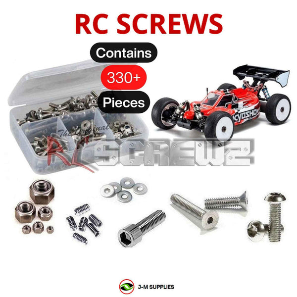 Representative image of an RCScrewZ stainless steel screw kit for Kyosho Inferno MP9e Evo 1/8 Electric 4WD Buggy (34105B); exact kit contents vary by RC model.