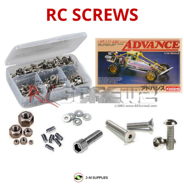 Representative image of an RCScrewZ stainless steel screw kit for Kyosho Circuit 1000 Advance 1/10 Nitro 2WD Buggy (3088); exact kit contents vary by RC model.