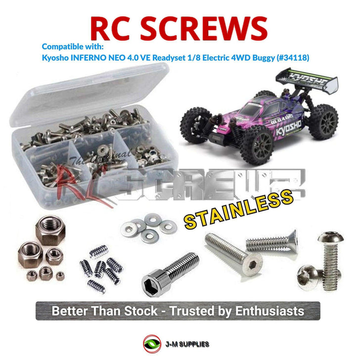Representative image of an RCScrewZ stainless steel screw kit for Kyosho NEO 4.0 VE 1/8 Electric 4WD Buggy (34118); exact kit contents vary by RC model.