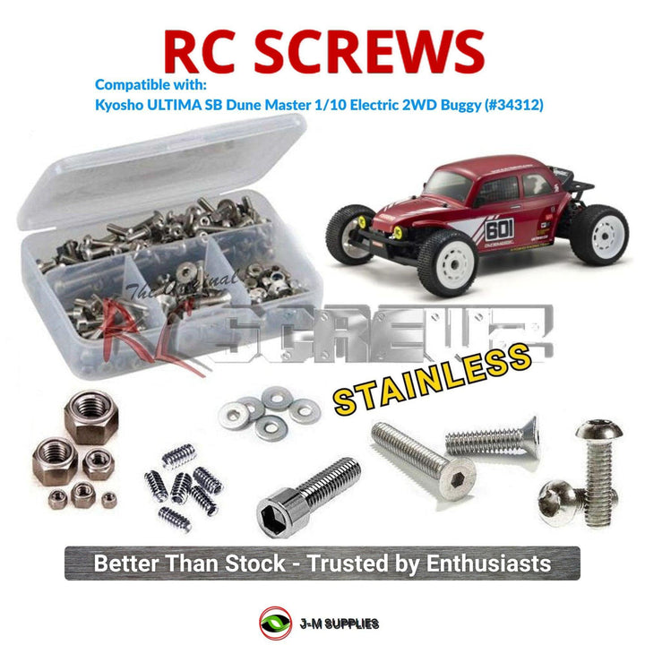 Representative image of an RCScrewZ stainless steel screw kit for Kyosho Dune Master 1/10 Electric 2WD Buggy (34312); exact kit contents vary by RC model.