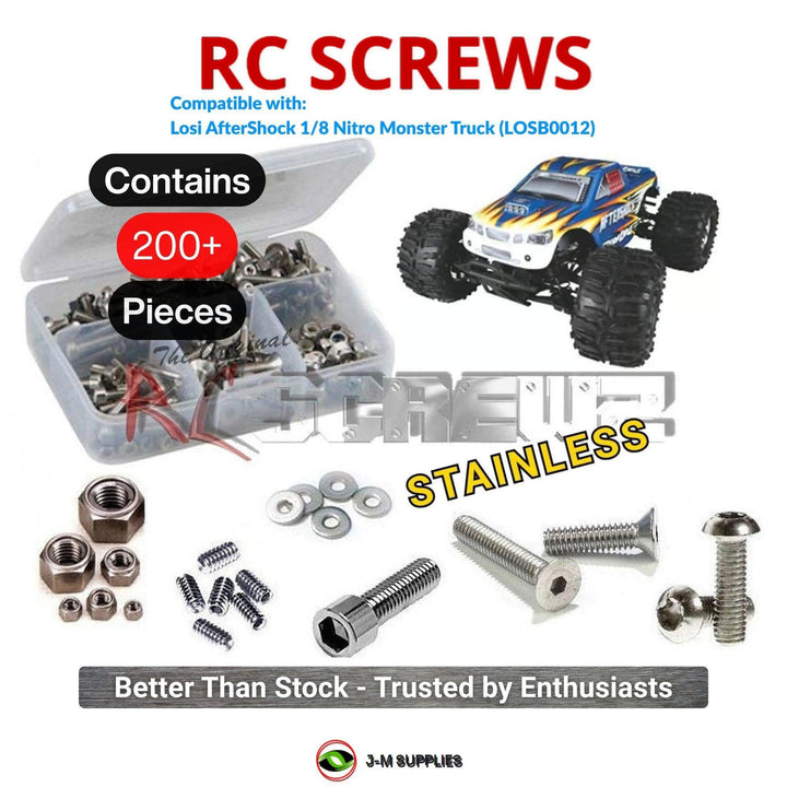 Representative image of an RCScrewZ stainless steel screw kit for Losi AfterShock RTR 1/8 Nitro 4WD Monster Truck (LOSB0012); exact kit contents vary by RC model.