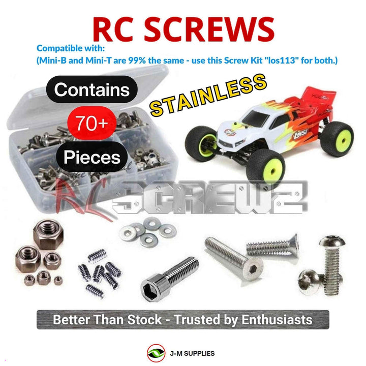 Representative image of an RCScrewZ stainless steel screw kit for Losi Mini-T 2.0 1/18 Electric 2WD Stadium Truck (LOS01015); exact kit contents vary by RC model.