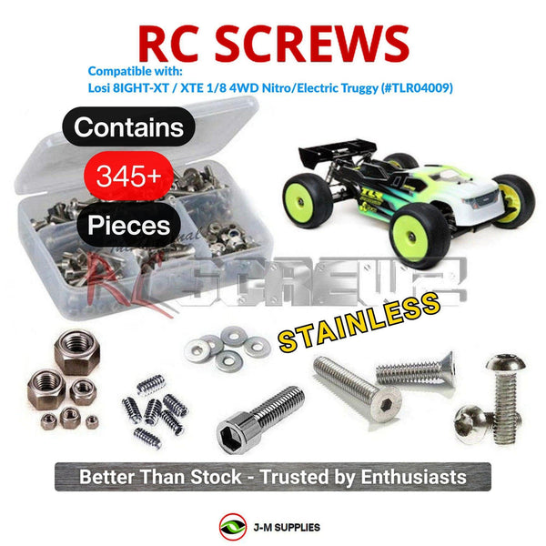 Representative image of an RCScrewZ stainless steel screw kit for Losi TLR 8IGHT-XT/XTE 1/8 4WD Truggy (TLR04009); exact kit contents vary by RC model.