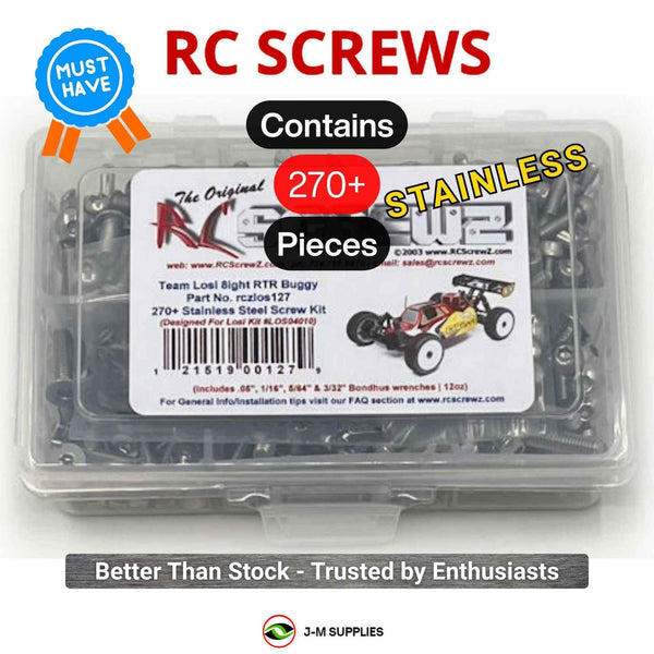 Representative image of an RCScrewZ stainless steel screw kit for Losi 8IGHT Nitro RTR 1/8 Nitro 4WD Buggy (LOS04010); exact kit contents vary by RC model.