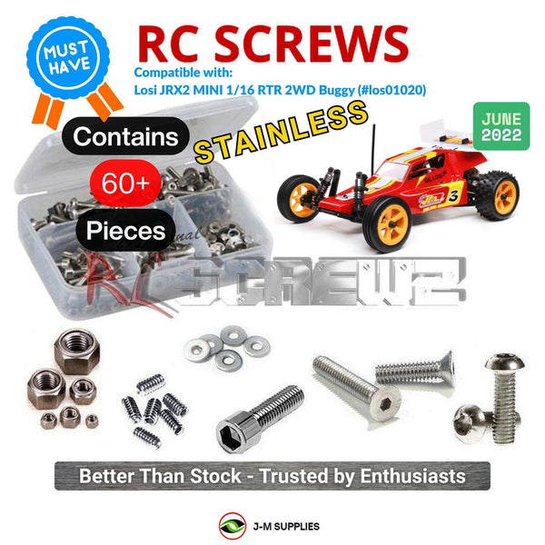 Representative image of an RCScrewZ stainless steel screw kit for Losi Mini JRX2 1/16 Electric 2WD Buggy (LOS01020); exact kit contents vary by RC model.