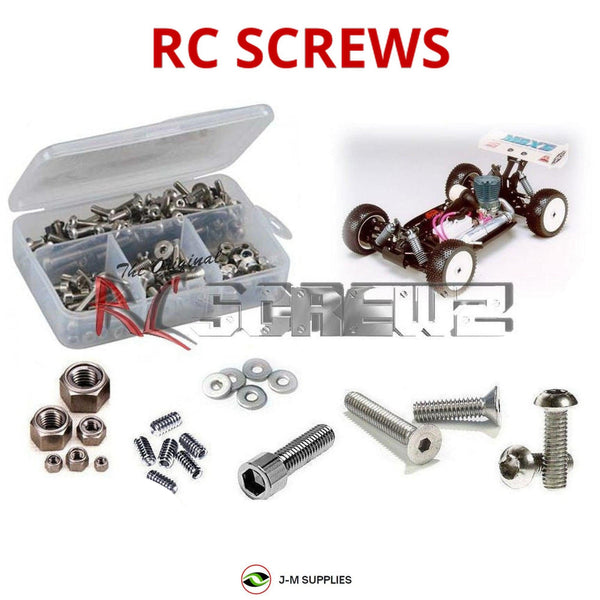 Representative image of an RCScrewZ stainless steel screw kit for Mugen Seiki MBX-5 /Pro-Spec 1/8th Nitro 4WD Buggy; exact kit contents vary by RC model.