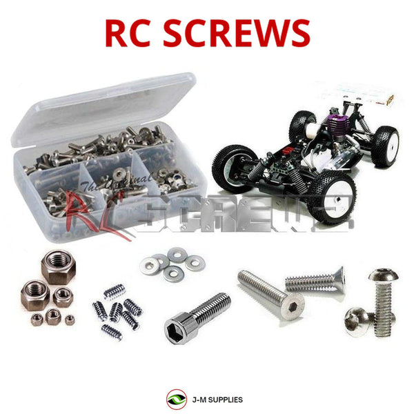 Representative image of an RCScrewZ stainless steel screw kit for Mugen Seiki MBX-5R/Prospec 1/8 Nitro Buggy; exact kit contents vary by RC model.