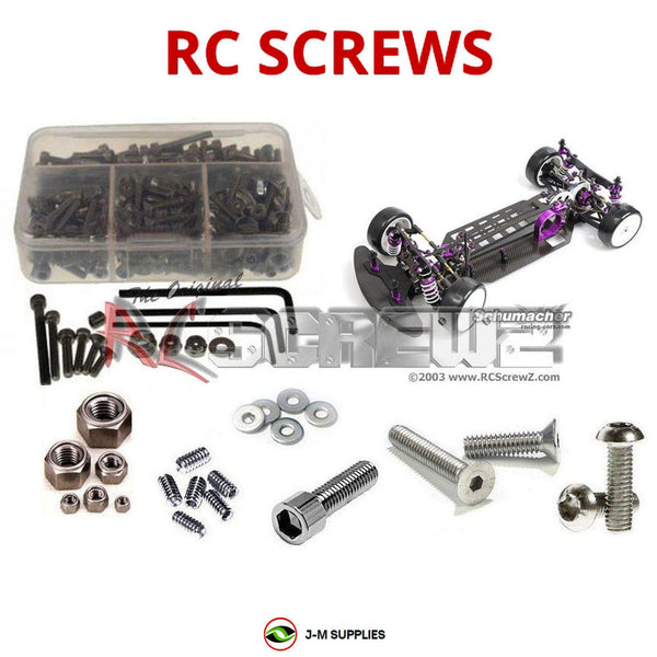 Representative image of an RCScrewZ stainless steel screw kit for Schumacher MI4 1/10th #K093/K094; exact kit contents vary by RC model.