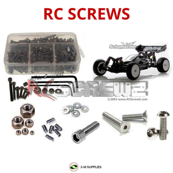 Representative image of an RCScrewZ stainless steel screw kit for Schumacher Cat SX2 #K101/K102; exact kit contents vary by RC model.