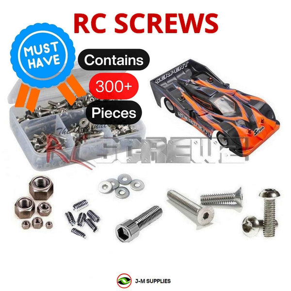 Representative image of an RCScrewZ stainless steel screw kit for Serpent Viper 989e 1/8 On-Road EP Touring (#904005); exact kit contents vary by RC model.