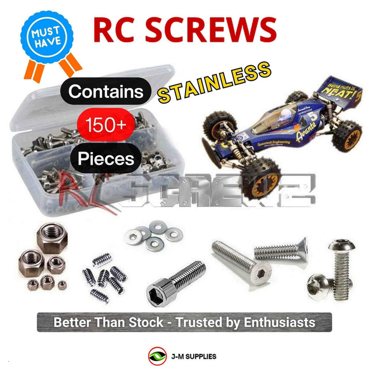 Representative image of an RCScrewZ stainless steel screw kit for Tamiya Avante 1/10 Electric 4WD Buggy (58072); exact kit contents vary by RC model.