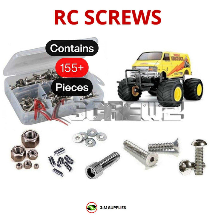 Representative image of an RCScrewZ stainless steel screw kit for Tamiya Lunch Box 1/12 Electric 2WD Monster Van (58063); exact kit contents vary by RC model.