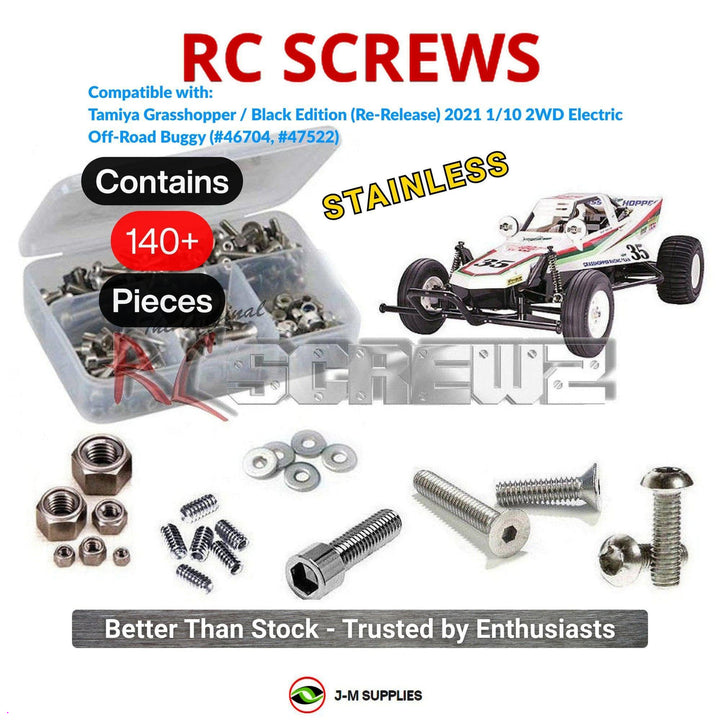 Representative image of an RCScrewZ stainless steel screw kit for Tamiya Grasshopper Black 1/10 Electric 2WD Buggy (46704, 47522); exact kit contents vary by RC model.
