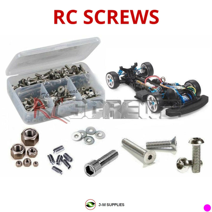 Representative image of an RCScrewZ stainless steel screw kit for Tamiya FF-03R 1/10 Electric FWD Touring Car (84288); exact kit contents vary by RC model.