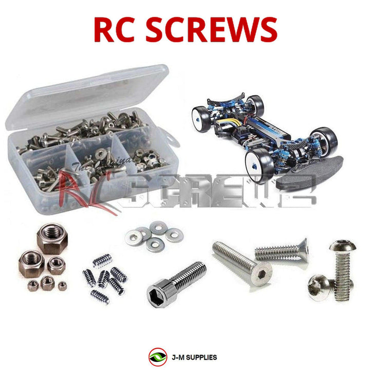Representative image of an RCScrewZ stainless steel screw kit for Tamiya TB EVO.6 1/10 Electric 4WD Touring Car (84379); exact kit contents vary by RC model.
