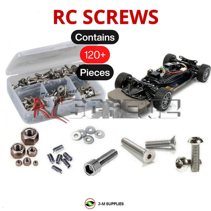 Representative image of an RCScrewZ stainless steel screw kit for Tamiya TT-02 1/10 Electric 4WD Touring Car (57984); exact kit contents vary by RC model.