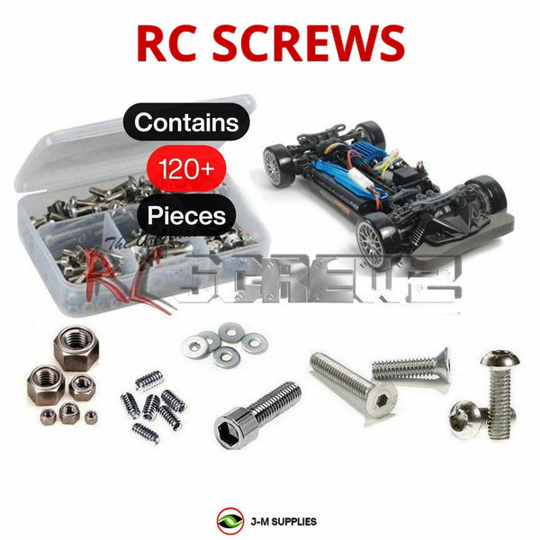 Representative image of an RCScrewZ stainless steel screw kit for Tamiya TT-02D Drift Spec 1/10 Electric 4WD Drift Car (58584); exact kit contents vary by RC model.