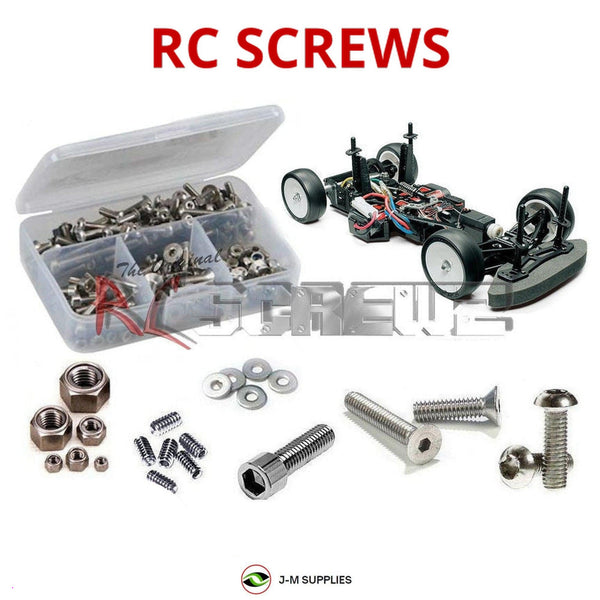 Representative image of an RCScrewZ stainless steel screw kit for Tamiya F103GT 1/10 Electric On-Road GT Car (58367); exact kit contents vary by RC model.