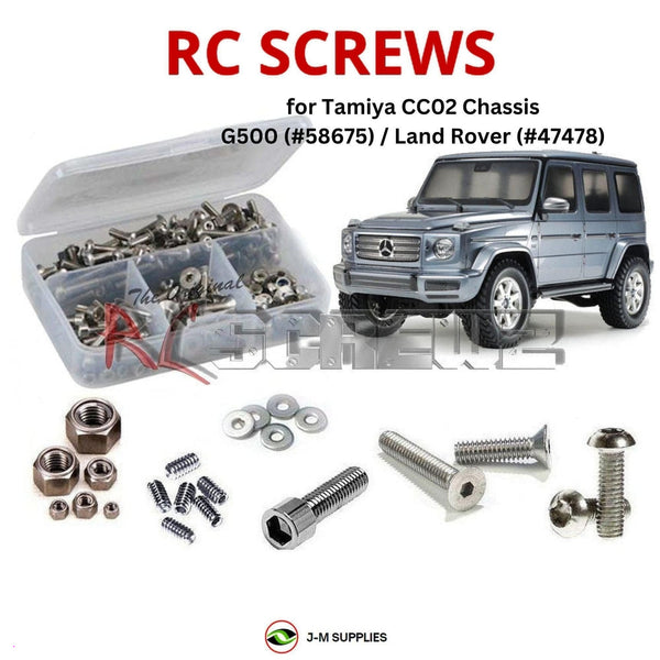 Representative image of an RCScrewZ stainless steel screw kit for Tamiya CC-02 G500 Defender 1/10 Electric 4WD SUV (58675, 47478); exact kit contents vary by RC model.