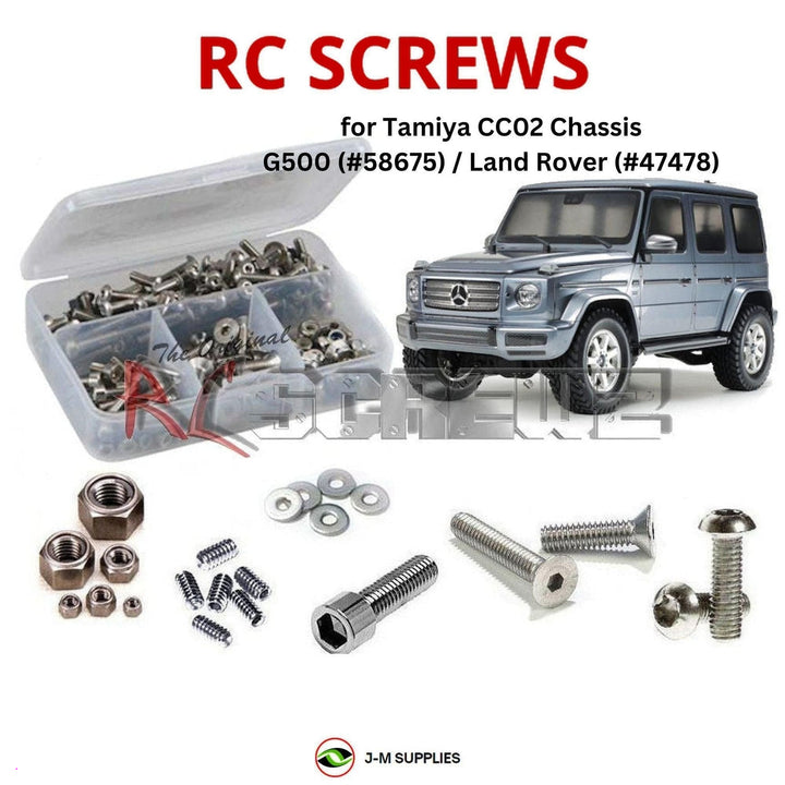Representative image of an RCScrewZ stainless steel screw kit for Tamiya CC-02 G500 Defender 1/10 Electric 4WD SUV (58675, 47478); exact kit contents vary by RC model.