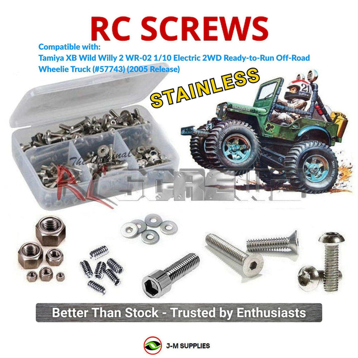 Representative image of an RCScrewZ stainless steel screw kit for Tamiya XB Wild Willy 2 WR-02 1/10 Electric 2WD Truck (57743); exact kit contents vary by RC model.