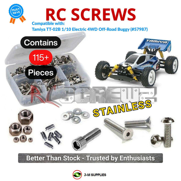Representative image of an RCScrewZ stainless steel screw kit for Tamiya TT-02B 1/10 Electric 4WD Buggy (57987); exact kit contents vary by RC model.
