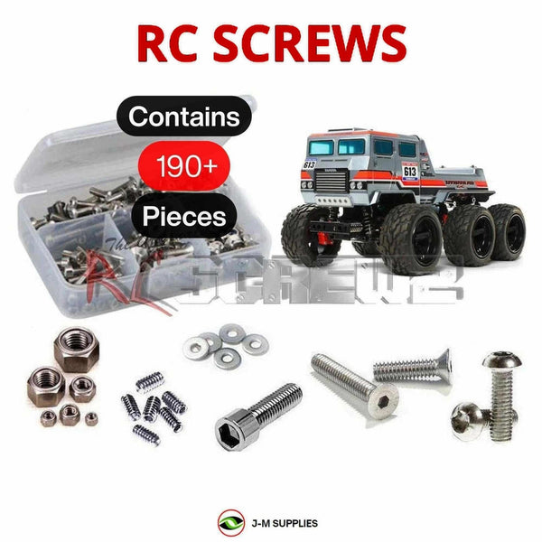 Representative image of an RCScrewZ stainless steel screw kit for Tamiya Dynahead 6x6 G6-01TR 1/18 Electric 6WD (58660); exact kit contents vary by RC model.