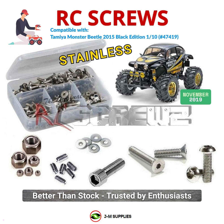 Representative image of an RCScrewZ stainless steel screw kit for Tamiya Monster Beetle Black 1/10 Electric 2WD Truck (47419); exact kit contents vary by RC model.