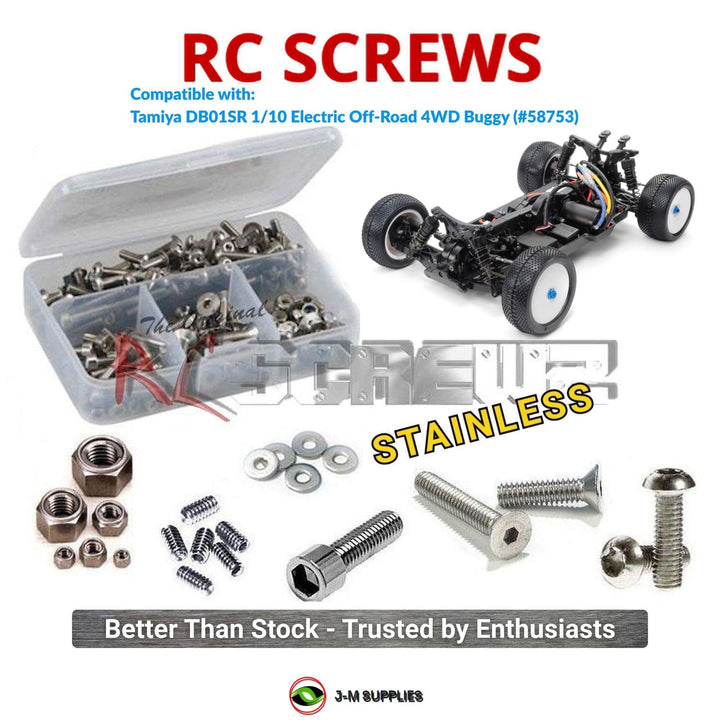 Representative image of an RCScrewZ stainless steel screw kit for Tamiya DB01SR 1/10 Electric 4WD Buggy (58753); exact kit contents vary by RC model.