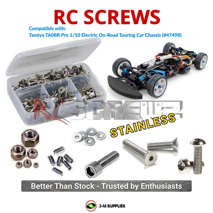 Representative image of an RCScrewZ stainless steel screw kit for Tamiya TA08R Pro 1/10 Electric 4WD Touring (47498); exact kit contents vary by RC model.