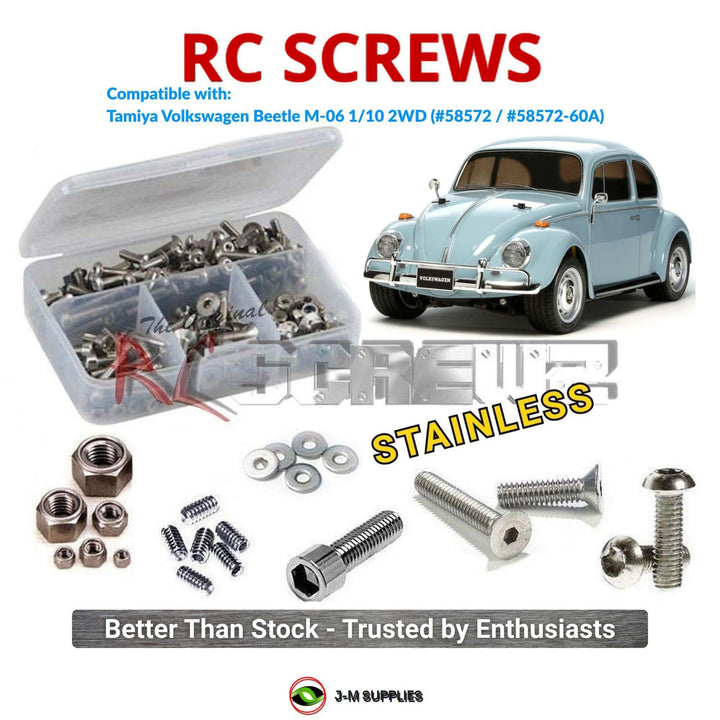 Representative image of an RCScrewZ stainless steel screw kit for Tamiya Volkswagen Beetle M-06 1/10 Electric 2WD Car (58572); exact kit contents vary by RC model.