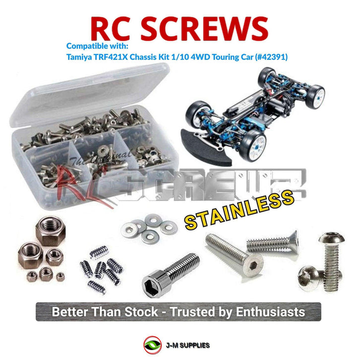 Representative image of an RCScrewZ stainless steel screw kit for Tamiya TRF421X 1/10 Electric 4WD Touring Car (42391); exact kit contents vary by RC model.