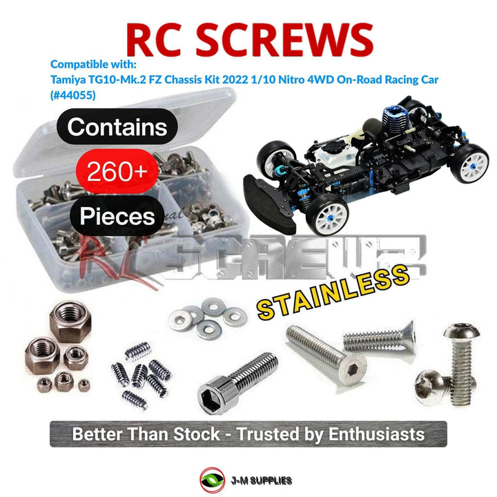 Representative image of an RCScrewZ stainless steel screw kit for Tamiya TG10-Mk.2 FZ 2022 1/10 Nitro 4WD Racing Car (44055); exact kit contents vary by RC model.