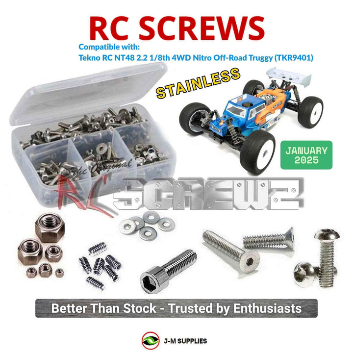Representative image of an RCScrewZ stainless steel screw kit for Tekno NT48 2.2 1/8 Nitro 4WD Truggy (TKR9401); exact kit contents vary by RC model.